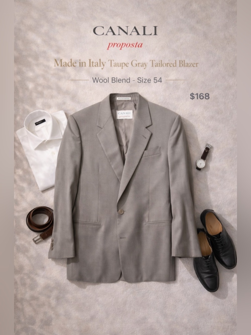 Canali Proposta Made in Italy Taupe Gray Tailored Blazer Wool Blend Size 54